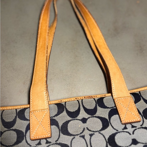 Coach Blue & Grey Signature Canvas Tote w/ Light Brown Trim - Picture 6 of 14